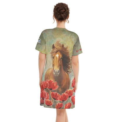 Night Shirt-Women's V Neck -Short Sleeve-All-Over Print-Horse-180GMS Cotton-Chestnut Horse-Tulips