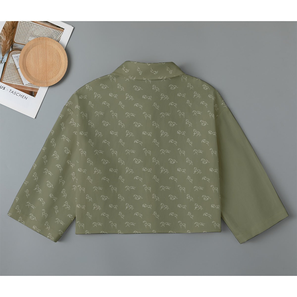 Cardigan-Women's-Jacket-All Over Print-All Cotton-3/4 Sleeve-Button-Up-245GSM Cotton-Horses-English Tack-Soft Green