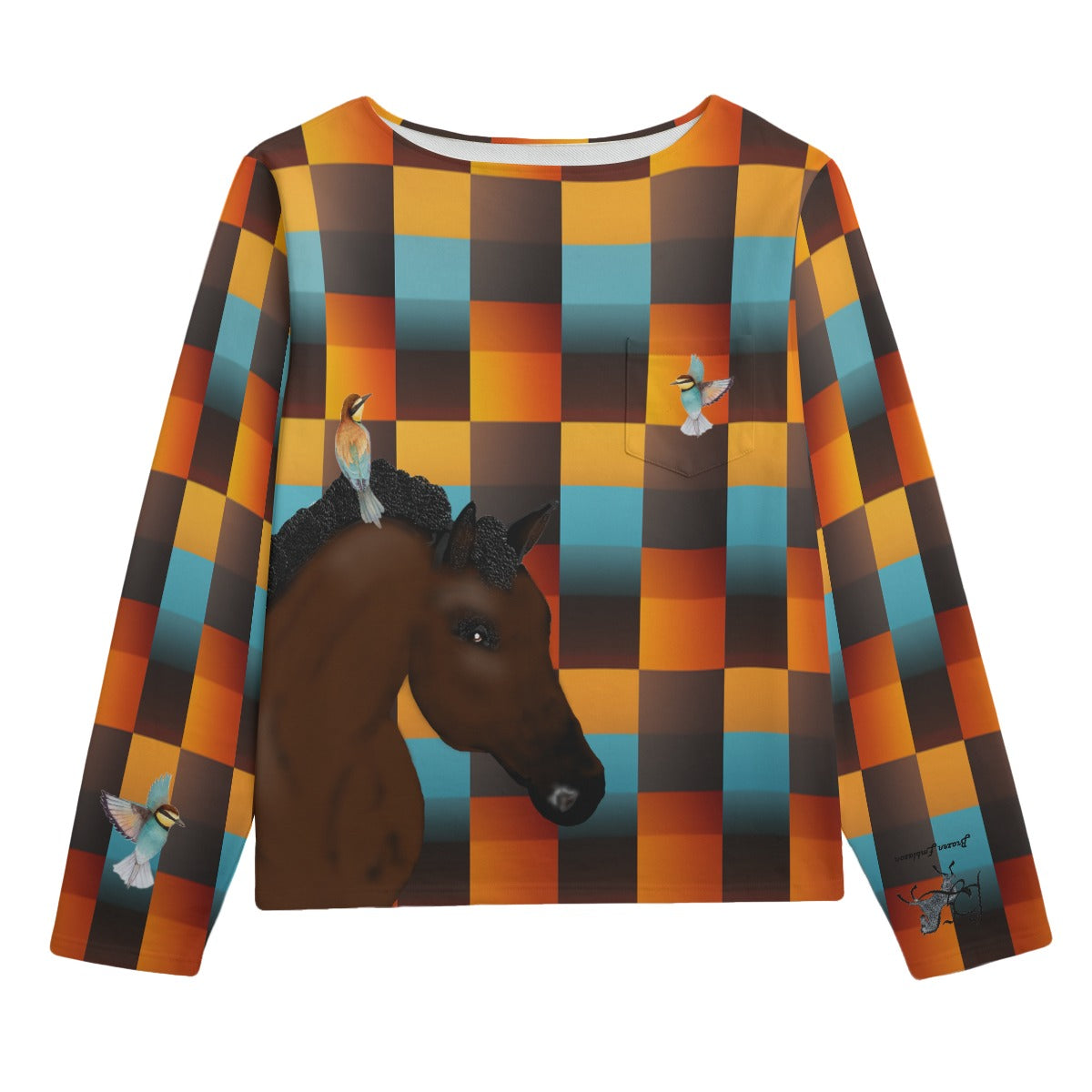 Sweatshirt-Unisex-Boat Neckline-All-Over Print-Chest Pocket-Colorful-Pastels-All Cotton 3100GSM-Bay Horse-Bird-Plaid=Brown-Gold-Yellow-Blue