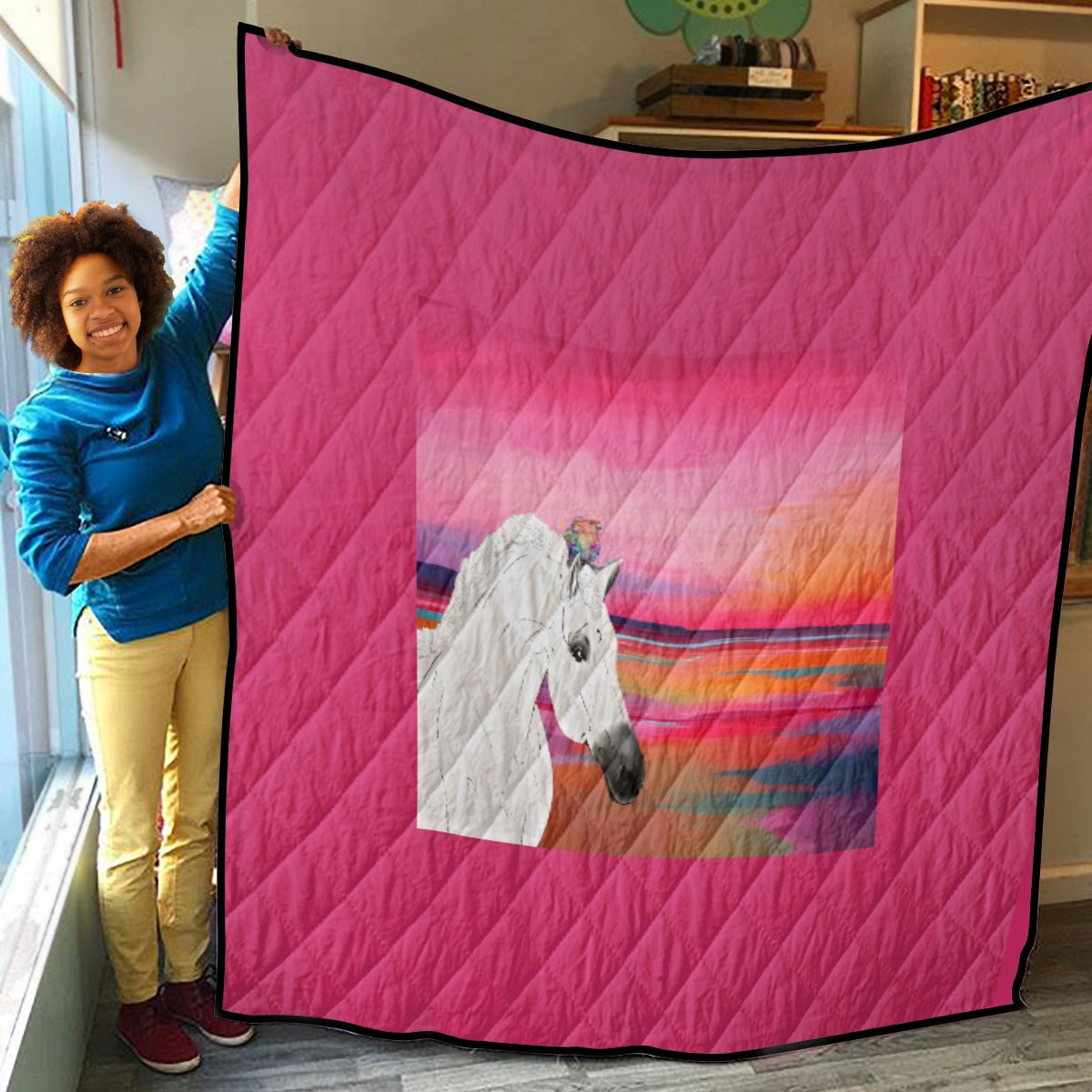 Quilt-Throw-Blanket-Comforter-Gray Horses-Pink-White-Orange-11 Sizes Available