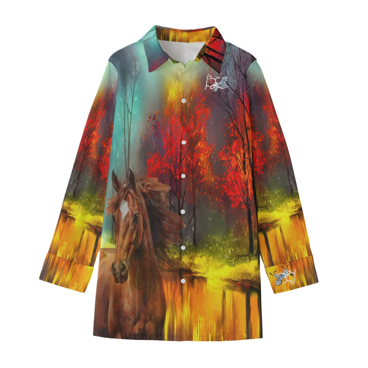 Shirt-Women's-Button Up-Long Sleeve-Cotton poplin-Chestnut Horse-Wooded-Fall Foliage-Red-Teal-Yellow