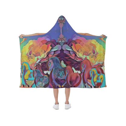 Blanket-Hooded-Soft Fleece Lining- Colorful Art Horses-Purple Lilac-Orange-Yellow=Maroon-Turquoise-Yellow