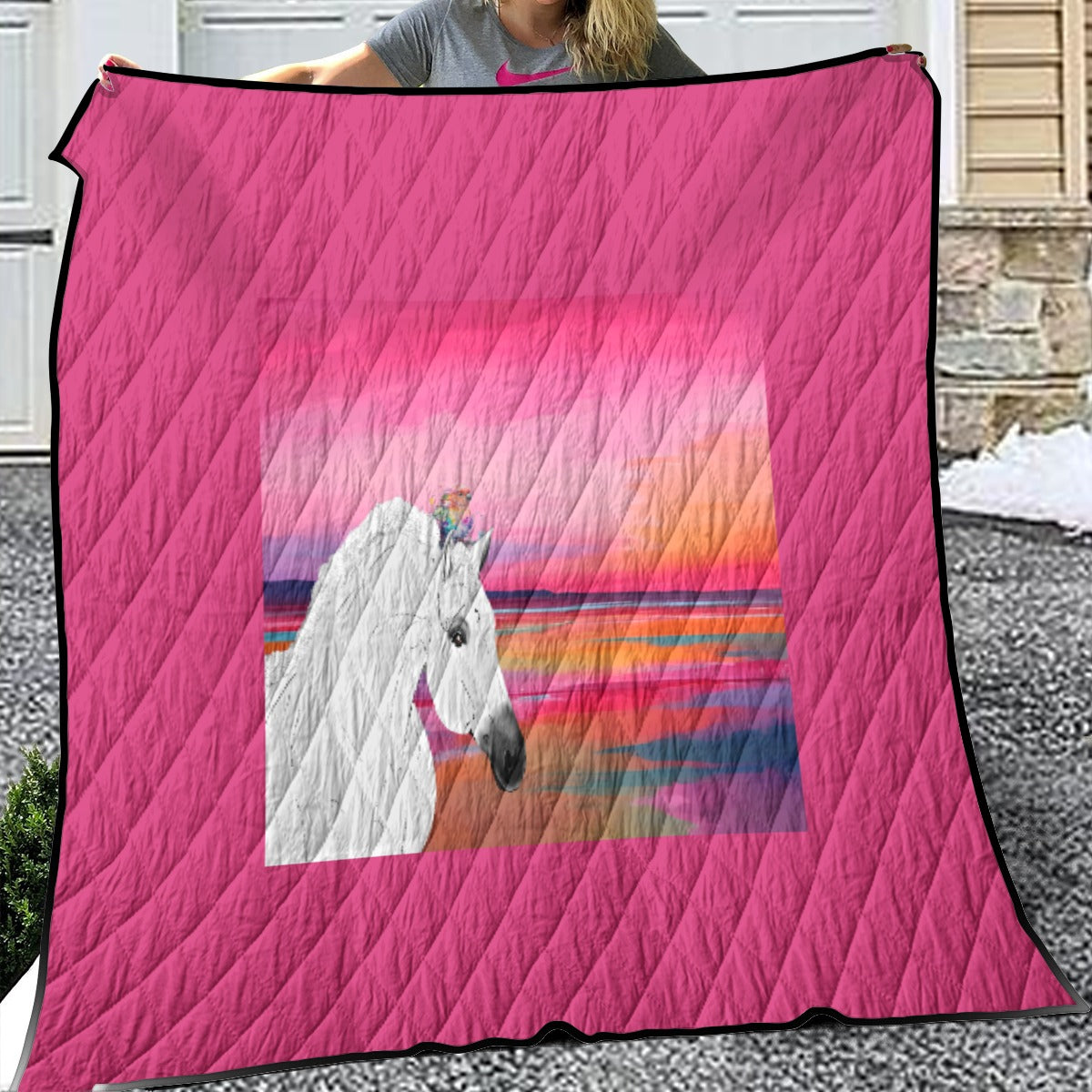 Quilt-Throw-Blanket-Comforter-Gray Horses-Pink-White-Orange-11 Sizes Available