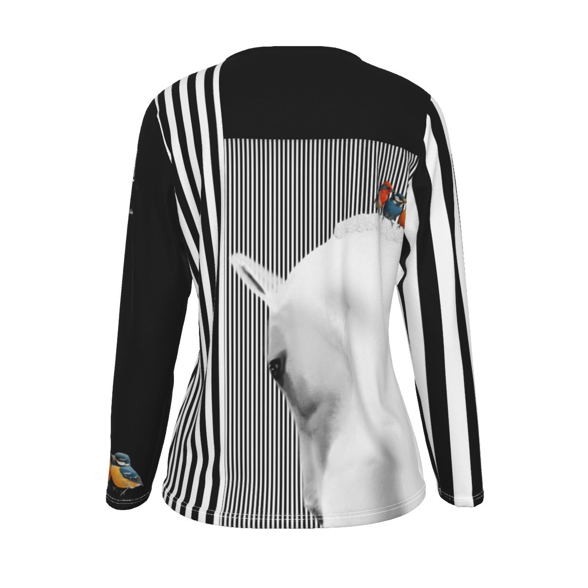 T-Shirt-Women's-Crew Neck-Long Sleeve-All-Over Print-190GSM Cotton-Gray White Horse-Andalusian-Black White Gray