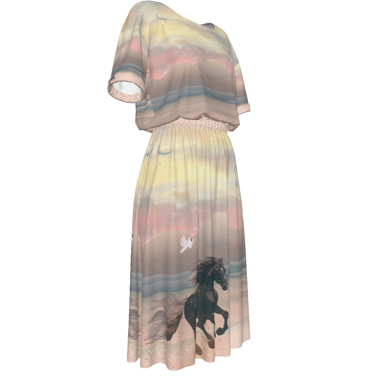 Dress-Midi-Shirt Sleeve-Elastic Waist-All-Over Print-Horses-Dark Palomino-Dusty Morning-Pink Pastels