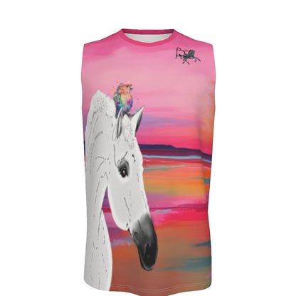 Tank Top-Unisex-AOP-Crew Neck-All Cotton-190GSM-White Horse-Bird-Beach-Pinks