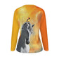 T-Shirt-Women's-Crew Neck-Long Sleeve-All-Over Print-190GSM Cotton-Gray White Horse-Andalusian-Orange Yellow