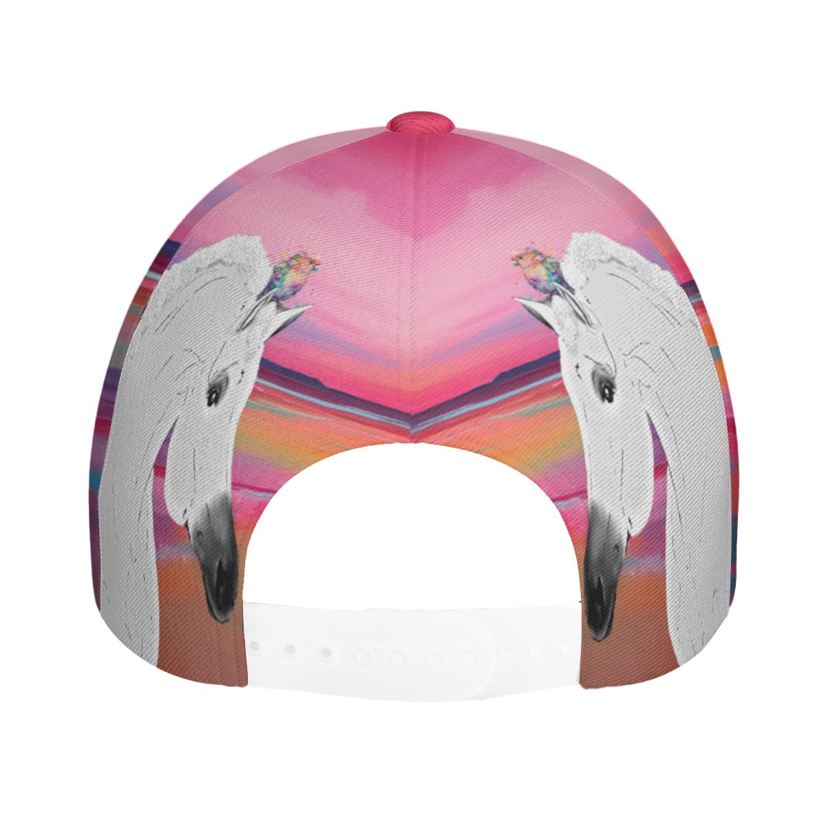 Baseball Cap Dad Hat-White Horse-Bird-Sea Shore-Pinks