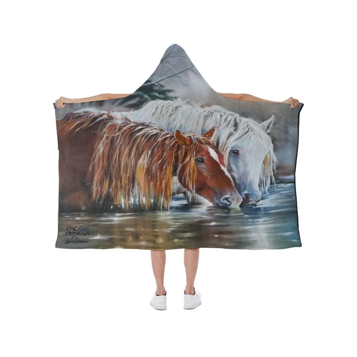 Blanket Hooded-Soft Fleece Lining-Horses-Chestnut Horse Gray-Watering Hole-Green