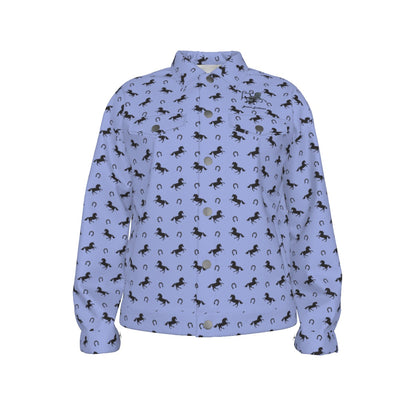 Jacket -Lapel-Collar-Pockets-Denim Coat Style-All-Over Print-Unisex-245GSM Cotton-Horses-Periwinkle Blue