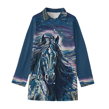 Shirt-Women's-Button Up-Long Sleeve-Cotton poplin-Horses-Blue Navy