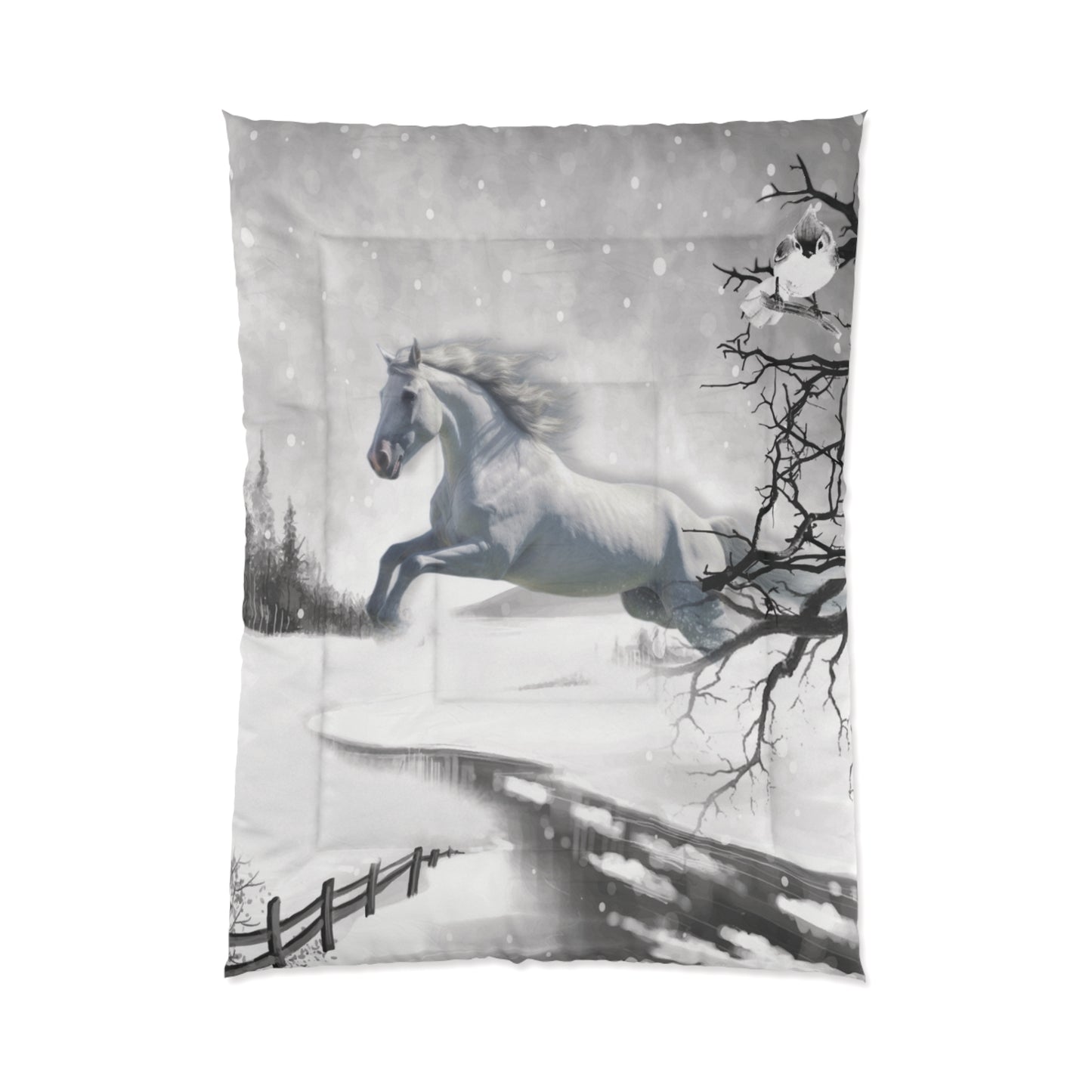 Comforter-White Horse Design-4 Sizes-King Queen Double Twin-Black-White