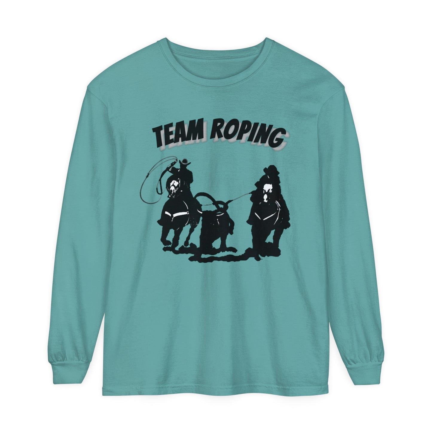 T-Shirt-Women's-Men's-Garment-dyed-Long Sleeve-All Cotton-Horses-Rodeo-Team Roping