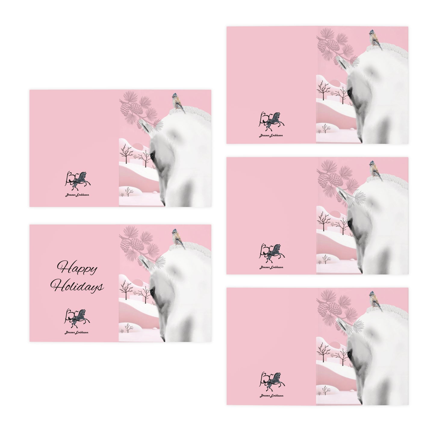 Holiday Cards Horses-(5-Pack)- 5 Same Design-White Horse-Bird