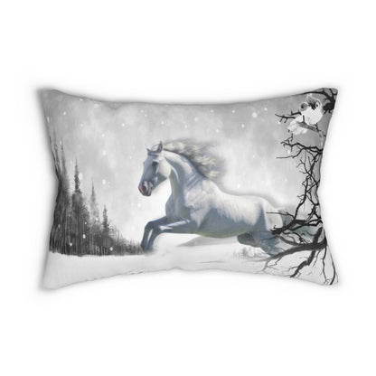 Pillow-Lumbar-Spun Polyester-4 sizes-Bay Draft Horse Design-Gray Jumper-Horse-Snowy Landscape-White Black