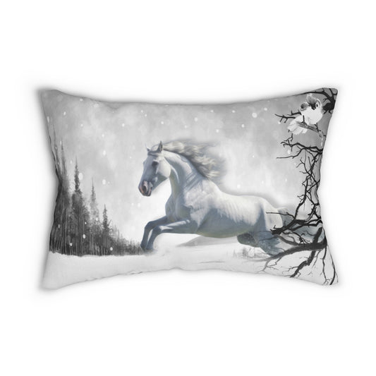 Pillow-Lumbar-Spun Polyester-4 sizes-Bay Draft Horse Design-Gray Jumper-Horse-Snowy Landscape-White Black