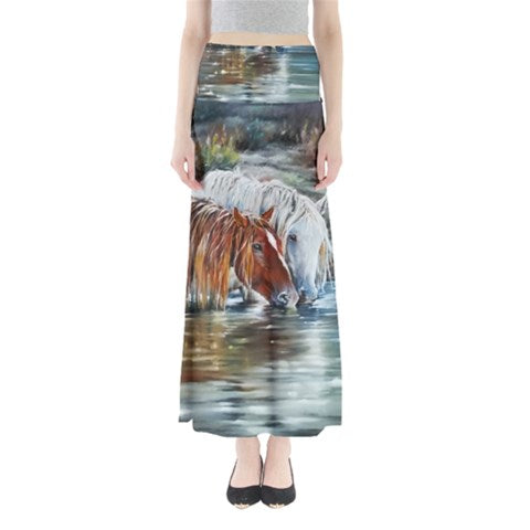 Maxi Skirt-Full Length -Chestnut Horse-Gray Horse-River-Water