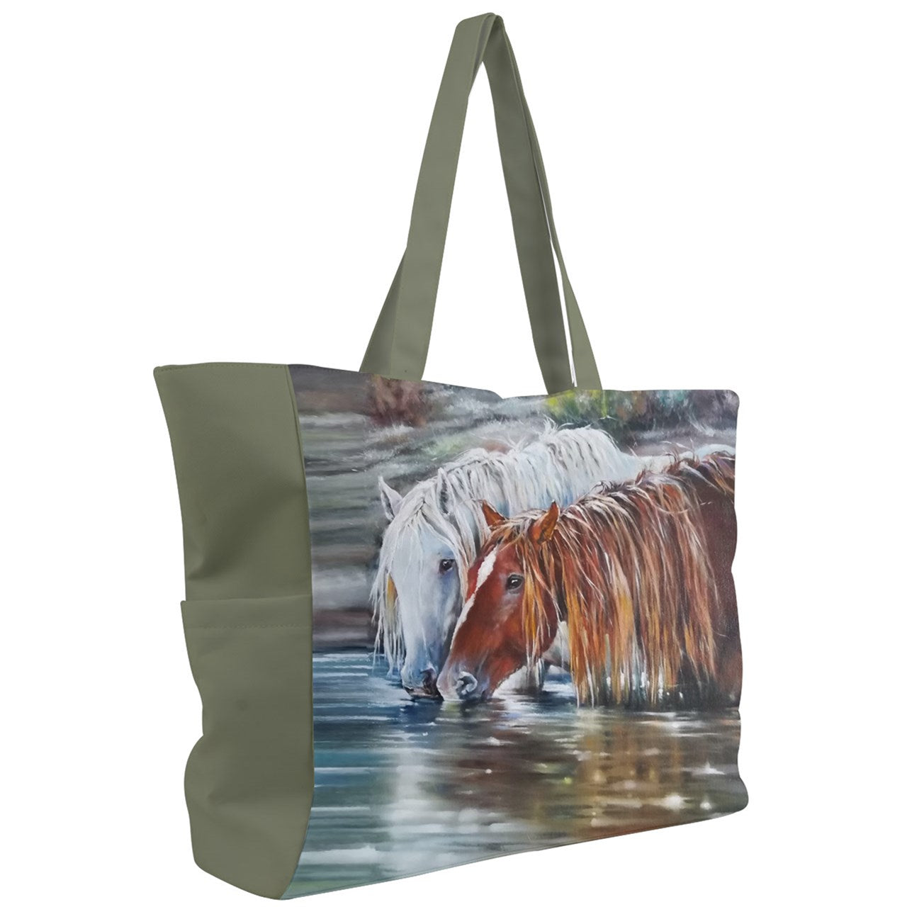 Handbag-Shoulder Bag-Canvas-17"x13"-Chestnut Horse-Gray Horse-River