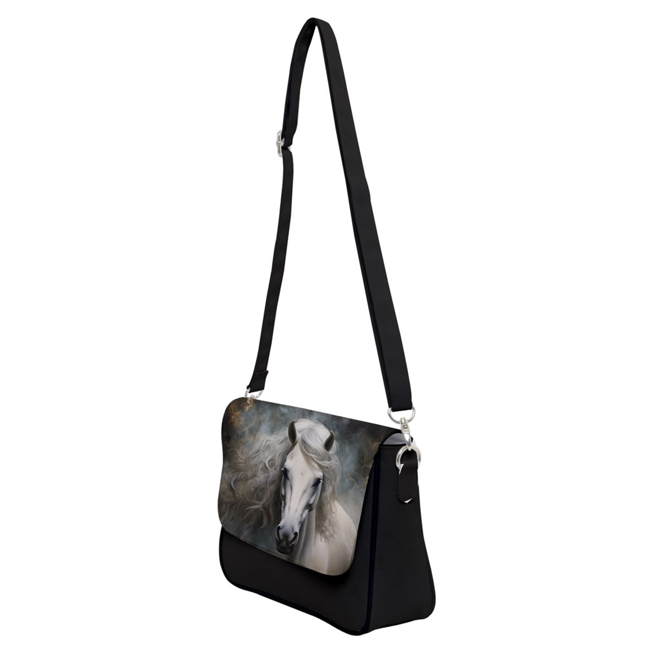 Handbag-Shoulder Bag with Back Zipper-Shoulder Bag with Back Zipper-White Horse-Smoky Black