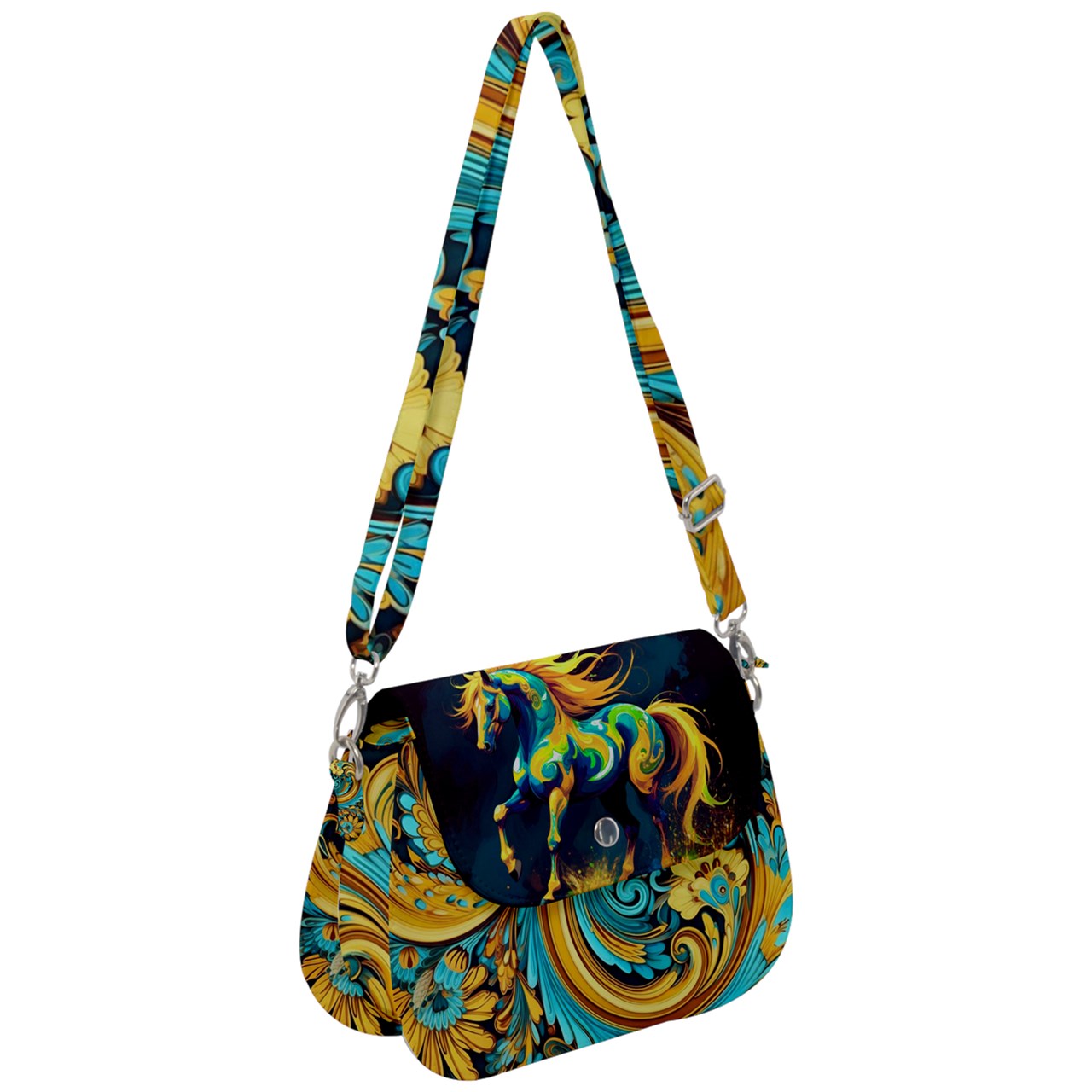 Handbag-Shoulder Bag-Saddle-Horse-Paisley-Black-Gold-Green-Turquoise-Blue