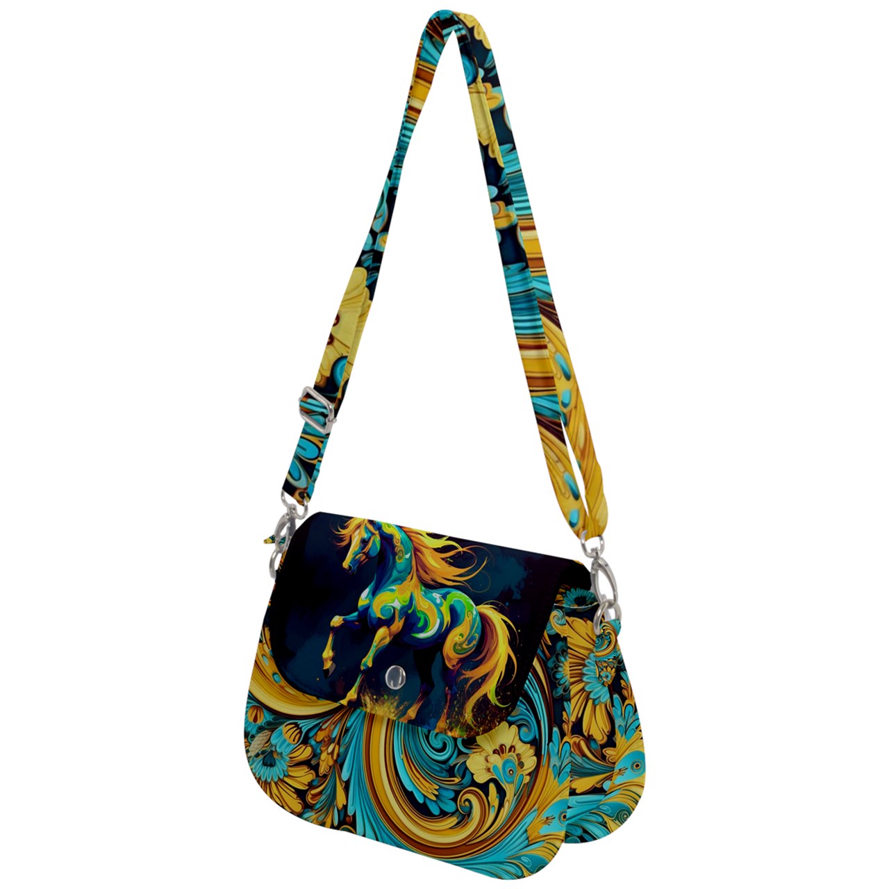 Handbag-Shoulder Bag-Saddle-Horse-Paisley-Black-Gold-Green-Turquoise-Blue