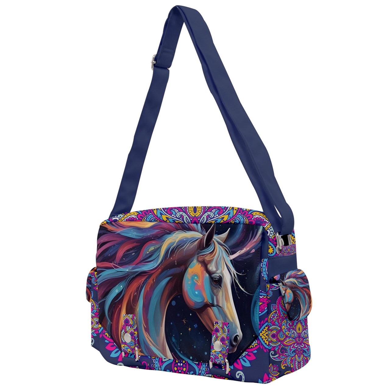 Handbag-Multifunction Bag-Canvas-Buckle-Horse-Paisley-Colorful-Magenta-Blue-Black