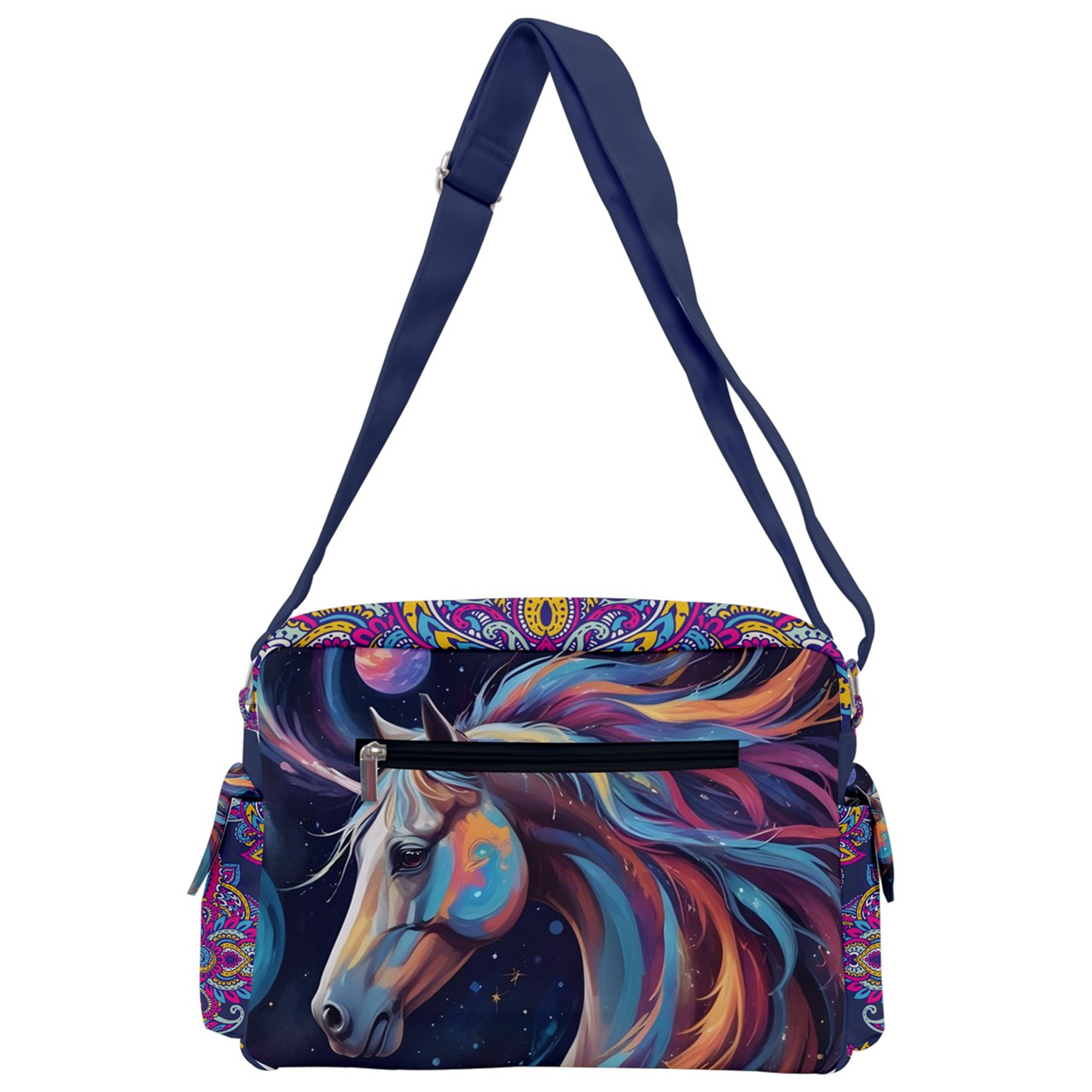 Handbag-Multifunction Bag-Canvas-Buckle-Horse-Paisley-Colorful-Magenta-Blue-Black