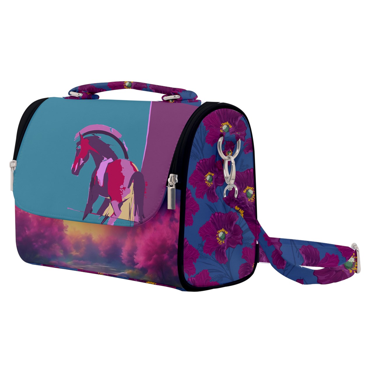 Handbag-Shoulder Bag-Canvas-Satchel-Maroon-Blue-Abstract-Horse