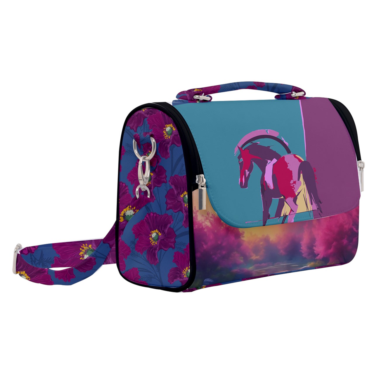 Handbag-Shoulder Bag-Canvas-Satchel-Maroon-Blue-Abstract-Horse