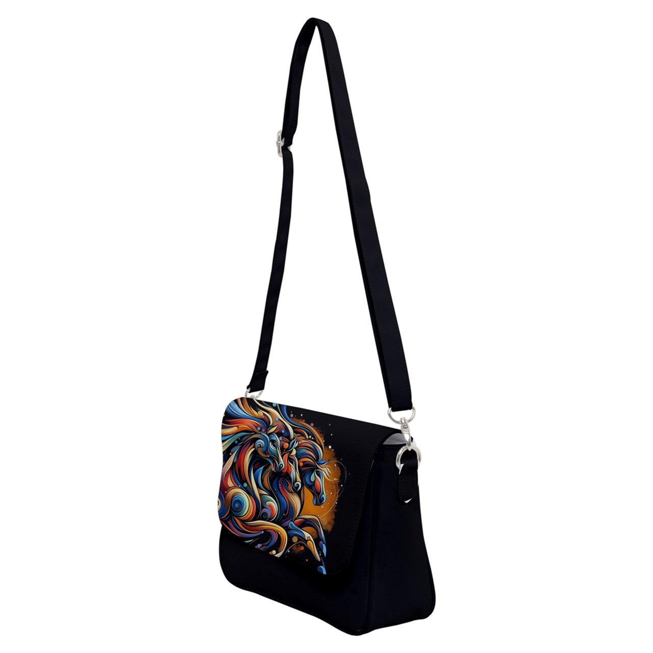 Handbag-Shoulder Bag-Canvas-Back Zipper-Black-Horses-Abstract-Colorful