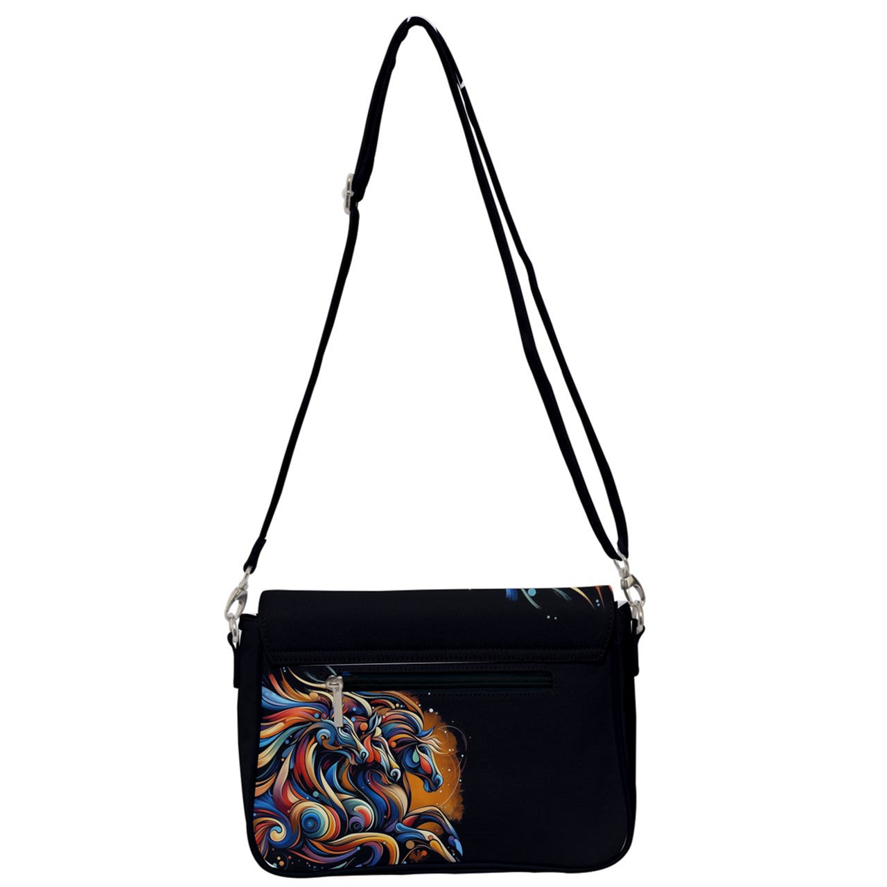 Handbag-Shoulder Bag-Canvas-Back Zipper-Black-Horses-Abstract-Colorful