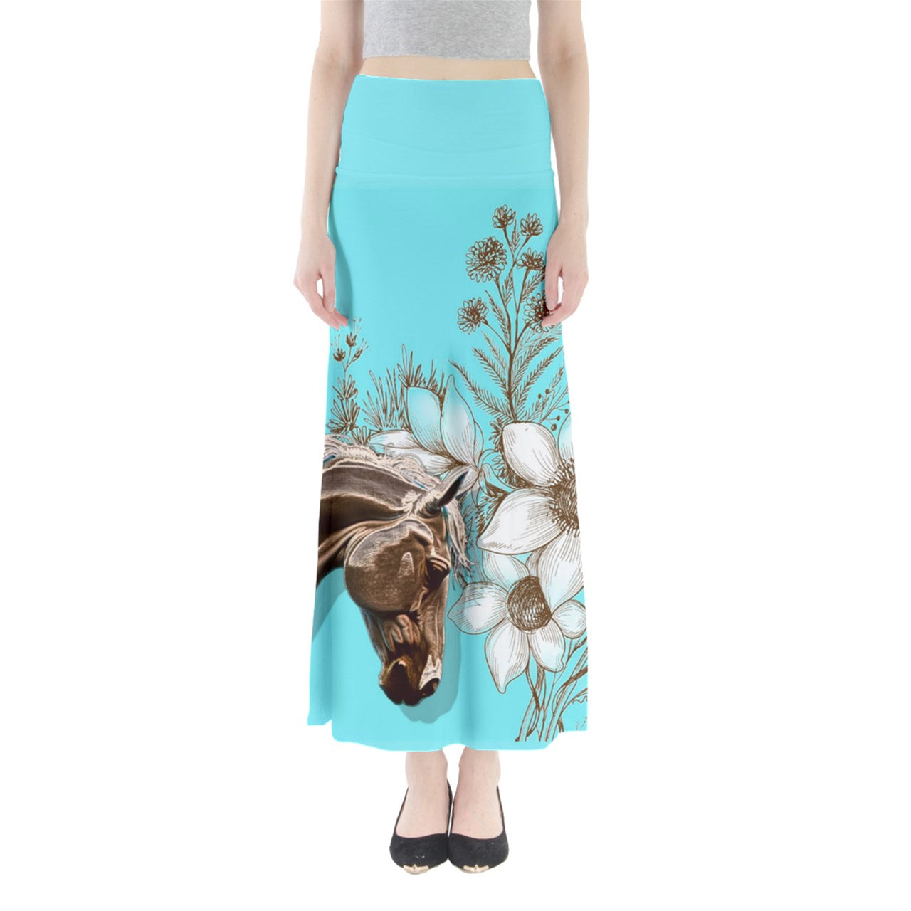 Skirt-Full Length Maxi -horse-flower-aqua-turquoise-blue