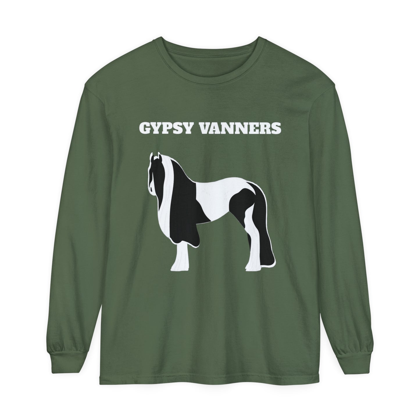 T-Shirt-Women's-Men's-Garment-dyed-Long Sleeve-All Cotton-Horses-Gypsy Vanners