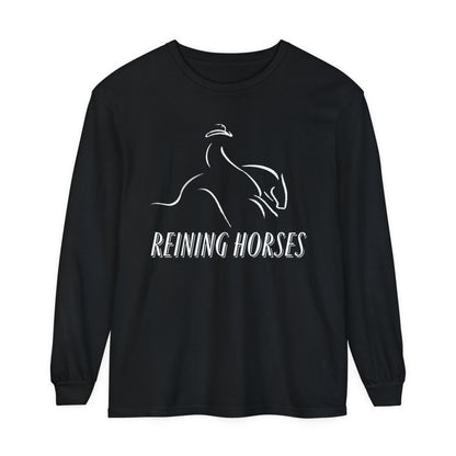 T-Shirt-Women's-Men's-Garment-dyed-Long Sleeve-All Cotton-Horses-Reining Horses-Sliding Stop