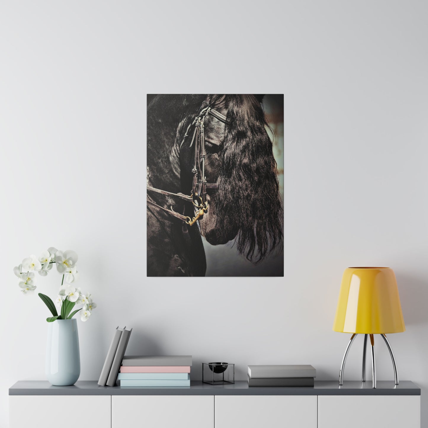 H931 Matte Canvas, Stretched, 0.75"-Black Horse-Dressage Friesian