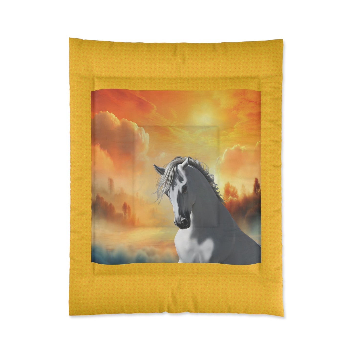 Comforter-White Horse Design-4 Sizes-King Queen Double Twin-Orange-Yellow