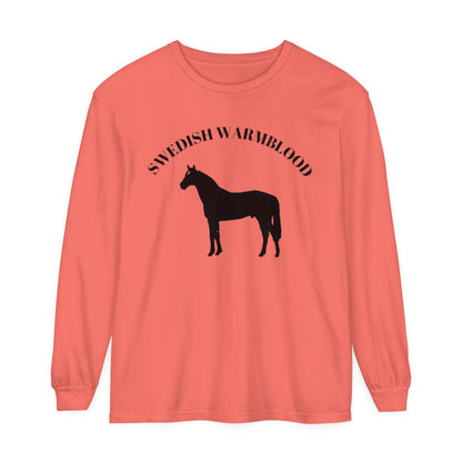 T-Shirt-Women's-Men's-Garment-dyed-Long Sleeve-All Cotton-Horses-Swedish Warmbloods