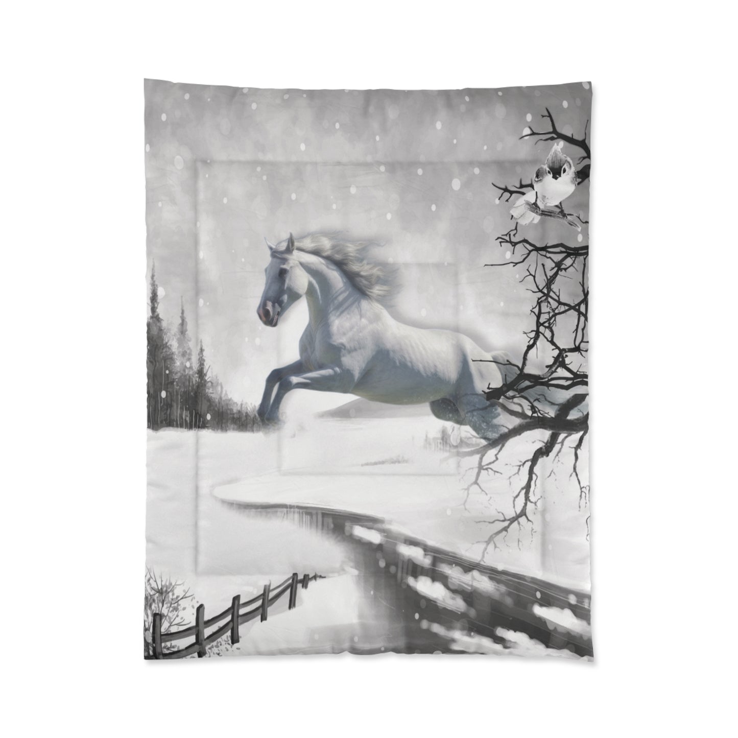 Comforter-White Horse Design-4 Sizes-King Queen Double Twin-Black-White