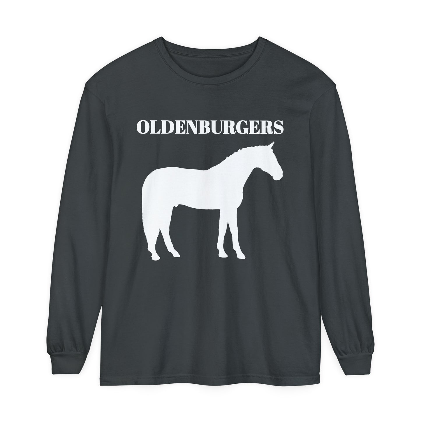 T-Shirt-Women's-Men's-Garment-dyed-Long Sleeve-All Cotton-Horses-Oldenburger Warmbloods