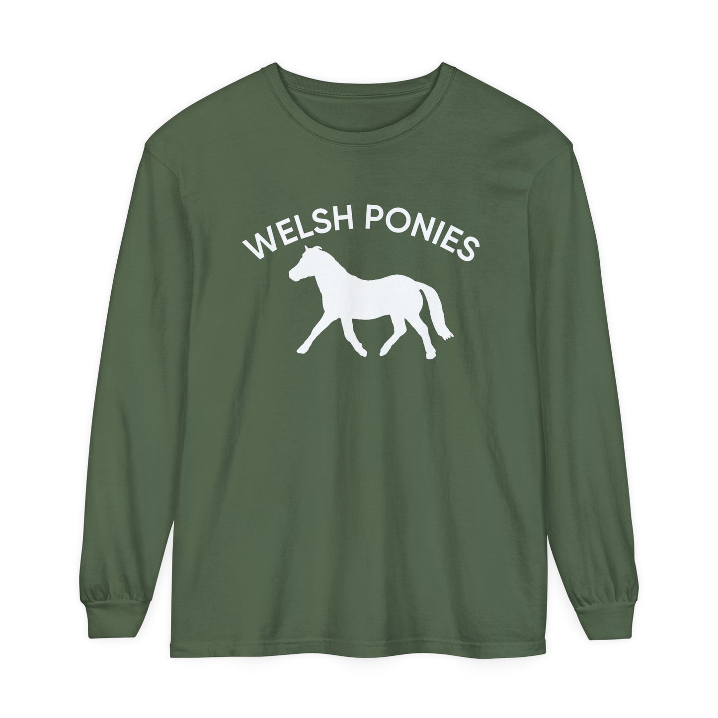 T-Shirt-Women's-Men's-Garment-dyed-Long Sleeve-All Cotton-Horses-Welsh Ponies