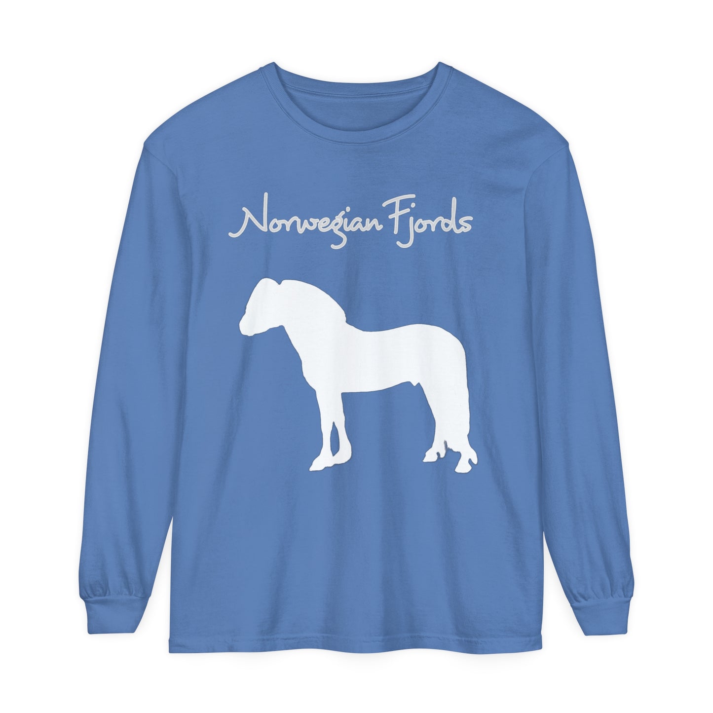 T-Shirt-Women's-Men's-Garment-dyed-Long Sleeve-All Cotton-Horses-Norwegian Fjords