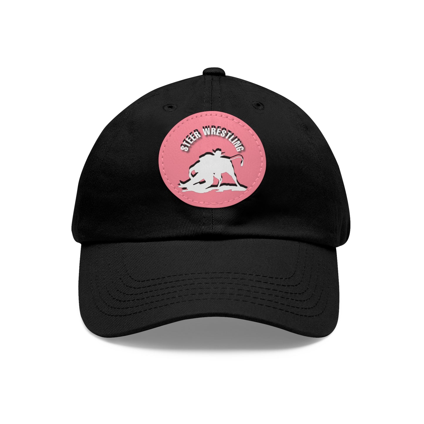 Baseball Cap-Dad Hat with Leather Patch (Round)-Steer Wrestling-Rodeo-Horse