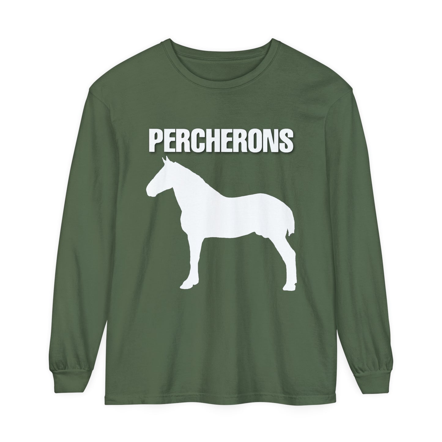 T-Shirt-Women's-Men's-Garment-dyed-Long Sleeve-All Cotton-Horses-Percheron Draft