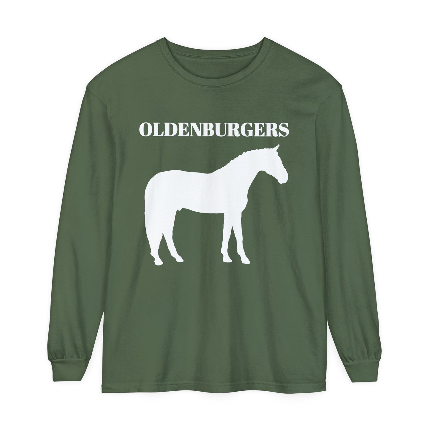 T-Shirt-Women's-Men's-Garment-dyed-Long Sleeve-All Cotton-Horses-Oldenburger Warmbloods