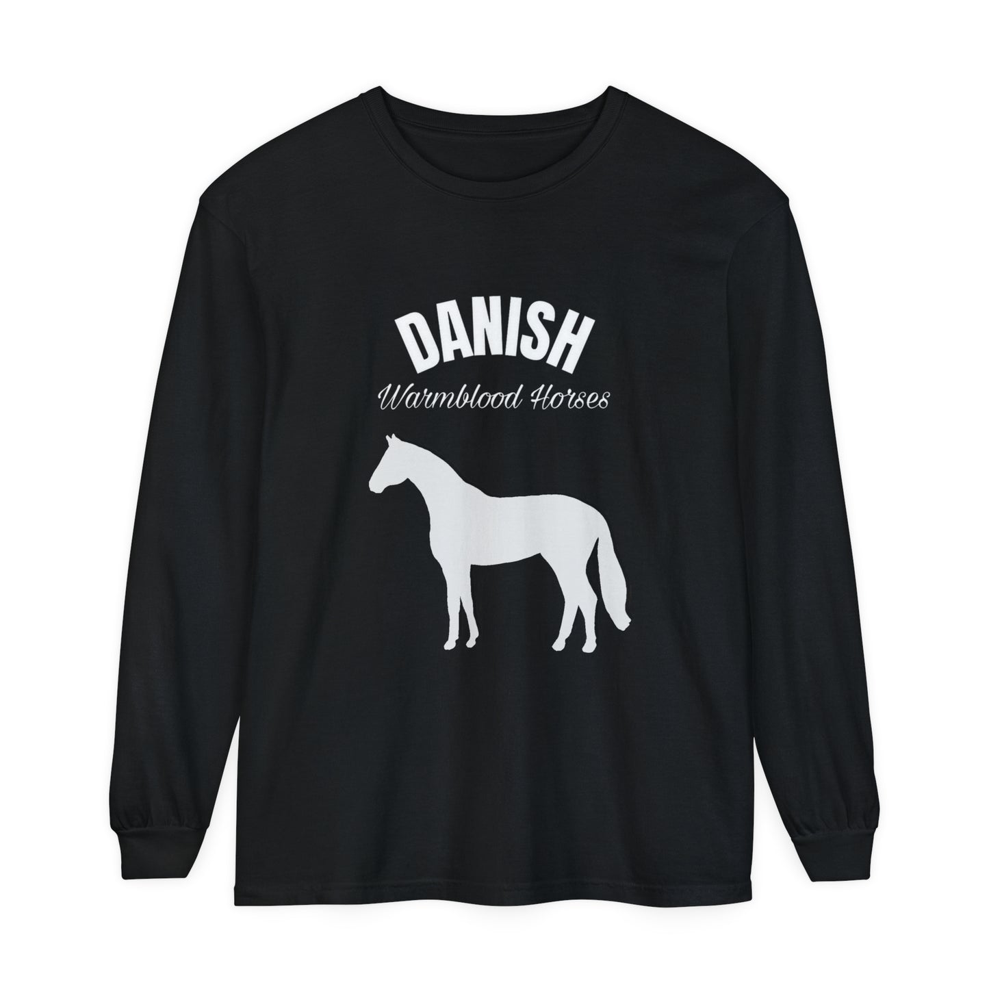 T-Shirt-Women's-Men's-Garment-dyed-Long Sleeve-All Cotton-Horses-Danish Warmbloods