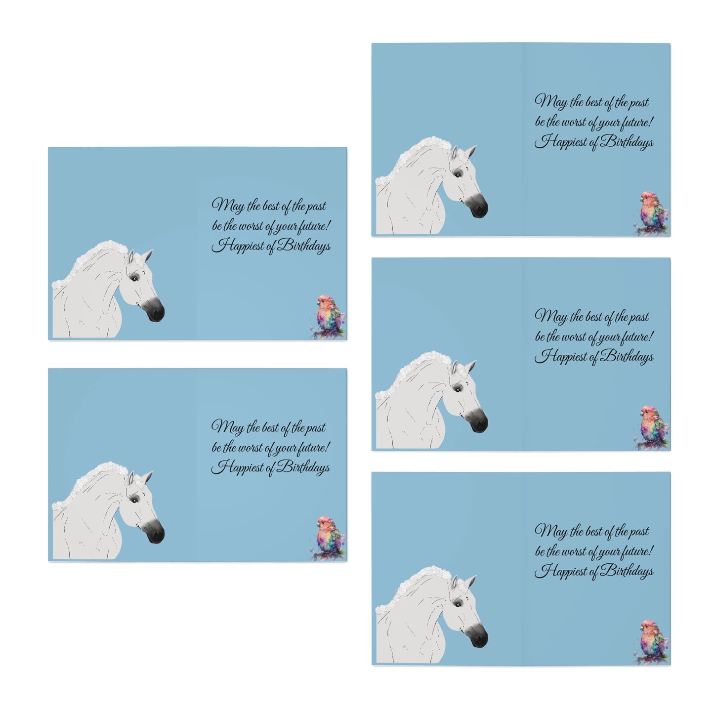 Birthday Cards Horses-(5-Pack)- 5 Same Design-White Horse-Bird-Ocean0Heart Sea