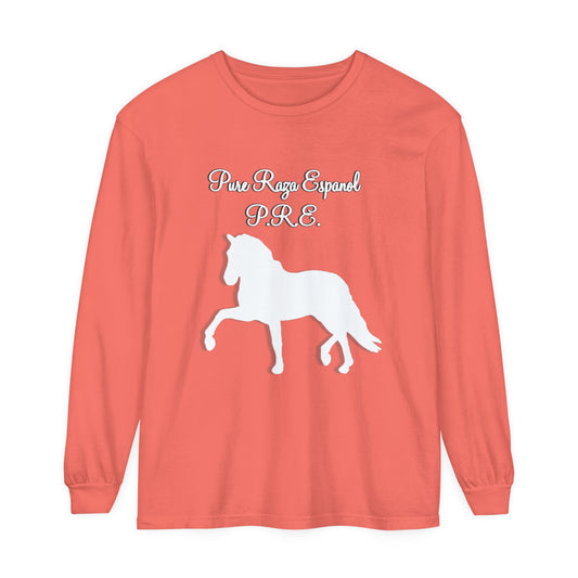 T-Shirt-Women's-Men's-Garment-dyed-Long Sleeve-All Cotton-Horses-P.R.E-Pure Raza Espanola