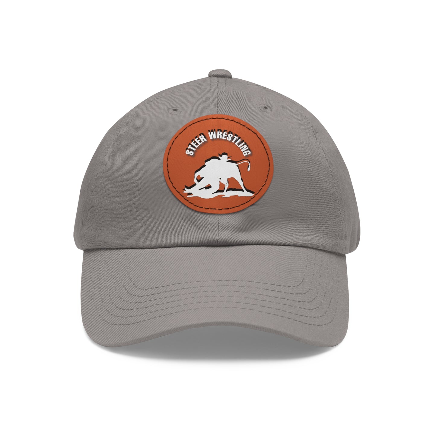 Baseball Cap-Dad Hat with Leather Patch (Round)-Steer Wrestling-Rodeo-Horse