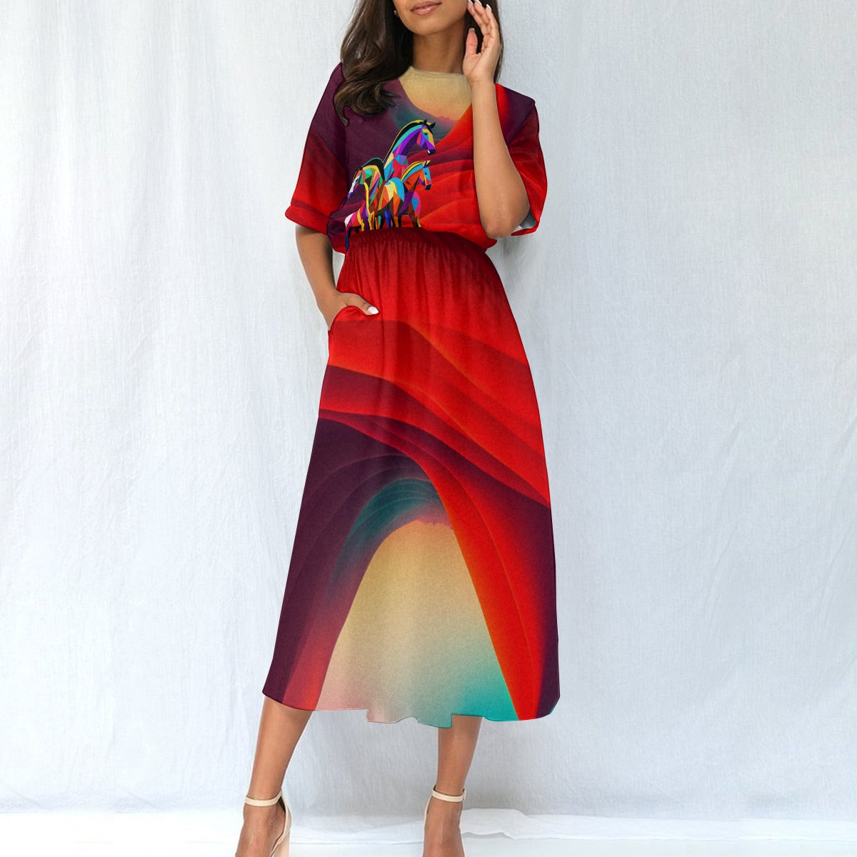 Dress-Midi-Shirt Sleeve-Elastic Waist-All-Over Print-Horses-Red