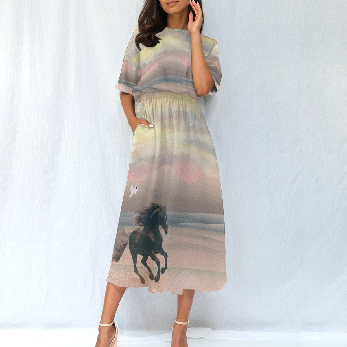 Dress-Midi-Shirt Sleeve-Elastic Waist-All-Over Print-Horses-Dark Palomino-Dusty Morning-Pink Pastels